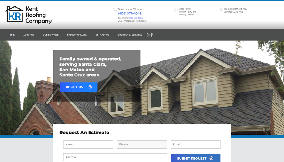 Kent Roofing Company website homepage.