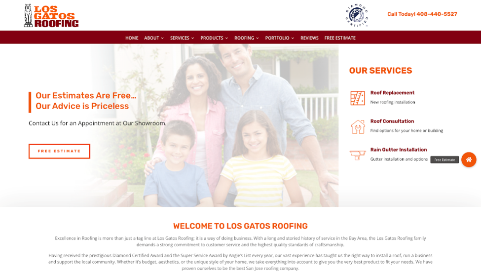 Los Gatos Roofing website homepage.