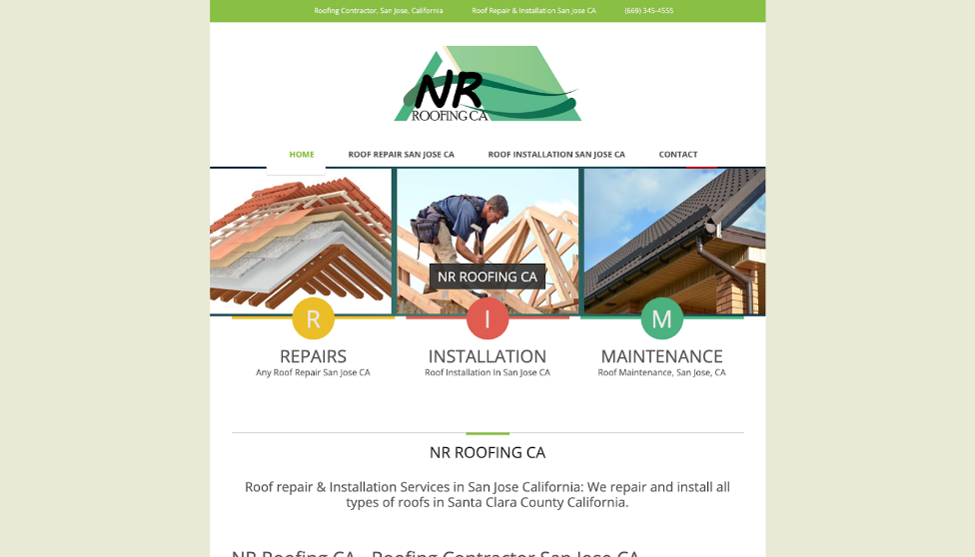 NR Roofing CA website homepage.