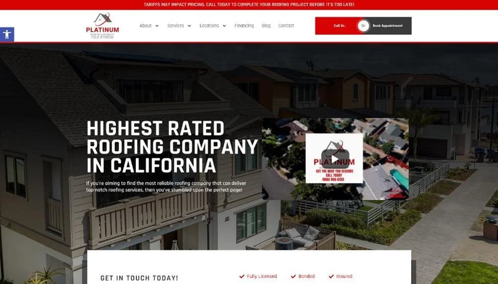 Platinum Roofing and Retro-Fit website homepage.