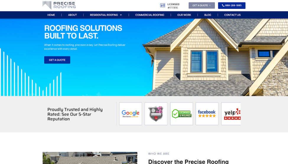 Precise Roofing Inc. website homepage.