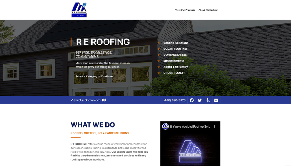 R E Roofing & Construction website homepage.