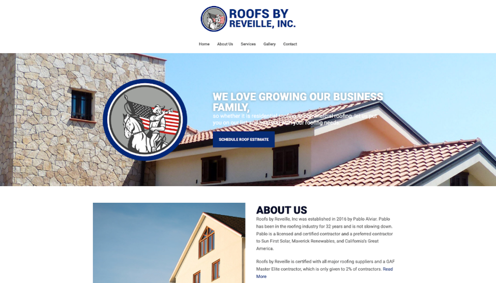 Roofs By Reveille, Inc. website homepage.