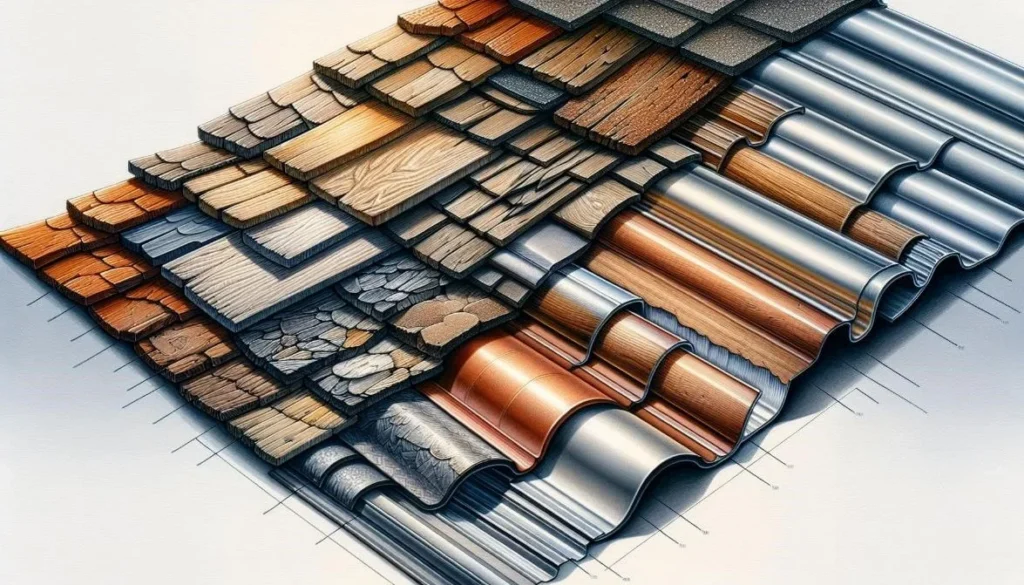 Illustration of various roof materials.