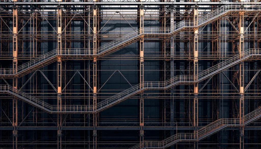 steel building with walkways and ladders.