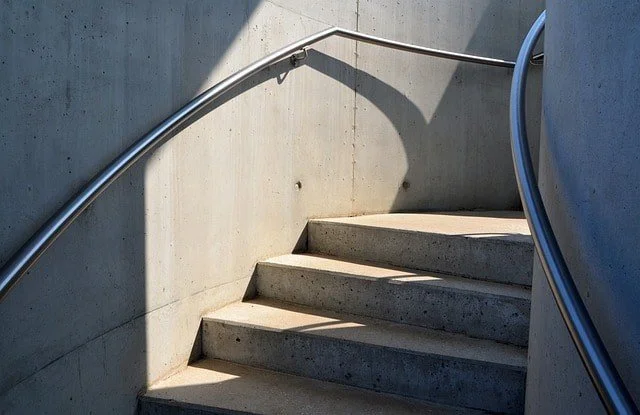 Concrete stairwells outside a building.