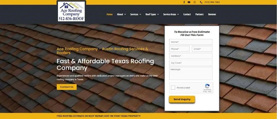 Ace Roofing Company home page from their website. 