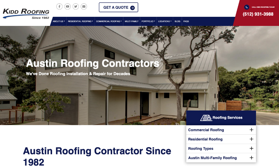 Kidd Roofing home page from their website. 