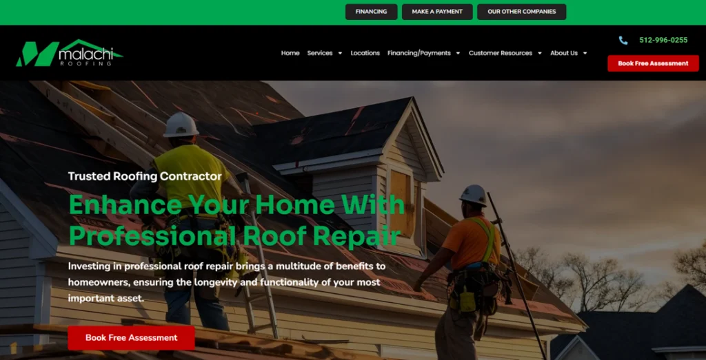 Malachi Roofing home page from their website. 