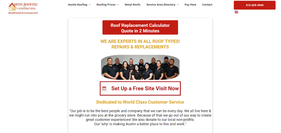 Austin Roofing and Construction home page from their website. 