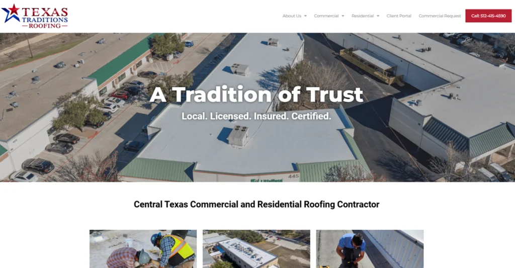 Texas Traditions Roofing home page from their website. 