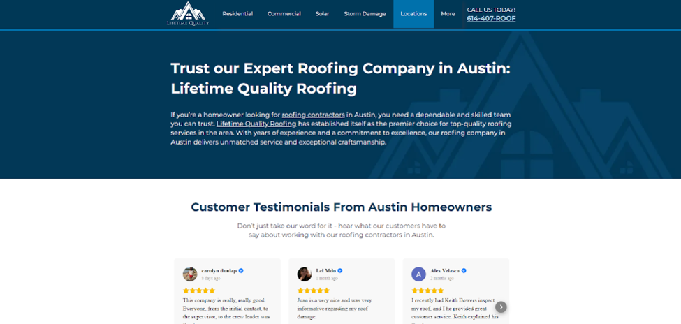 Lifetime Quality Roofing Austin home page from their website. 