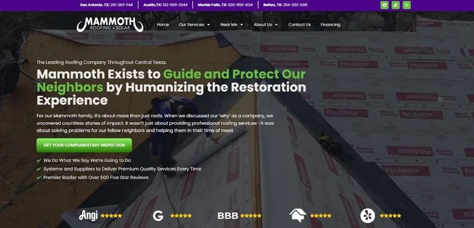 Mammoth Roofing & Solar of Austin home page from their website. 