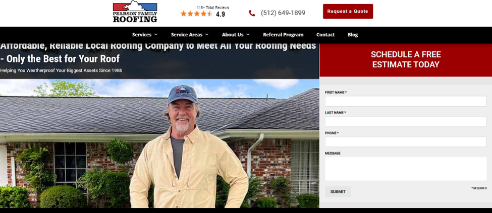 Pearson Family Roofing home page from their website. 