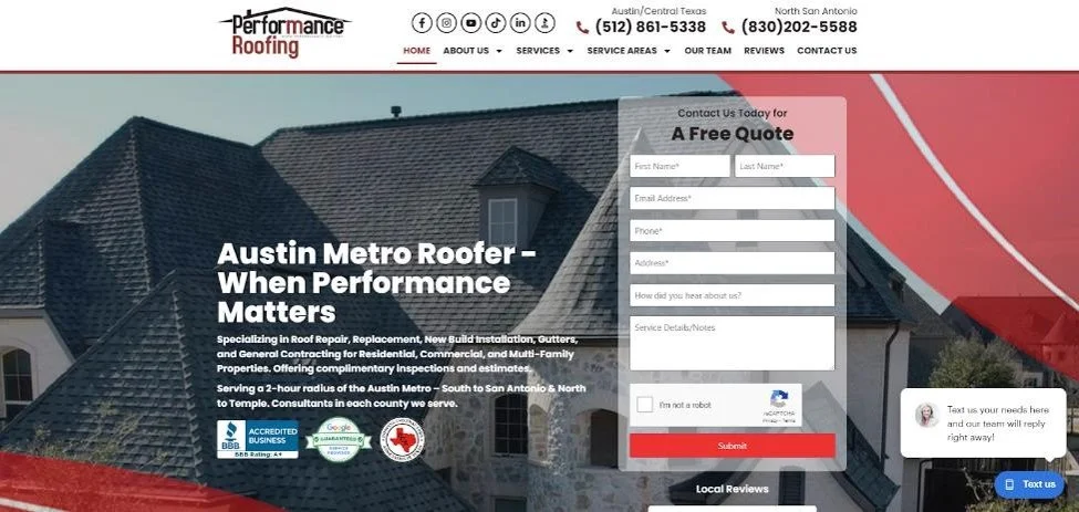 Performance Roofing home page from their website. 