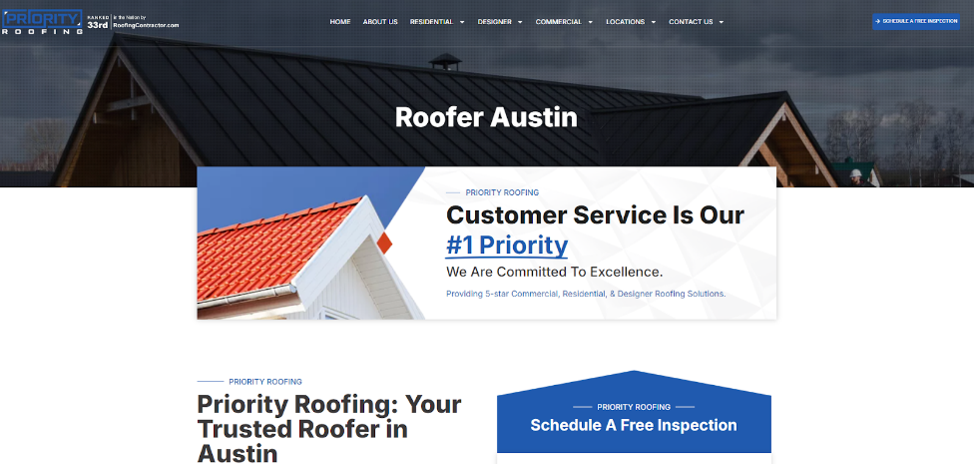 Priority Roofing home page from their website. 