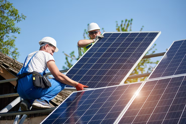 Contractors installing solar panels.
