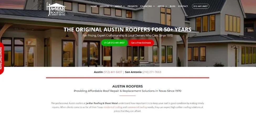 Ja-Mar Roofing home page from their website. 