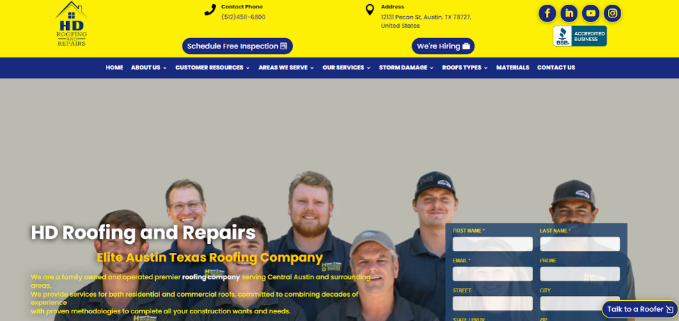 HD Roofing and Repairs home page from their website. 