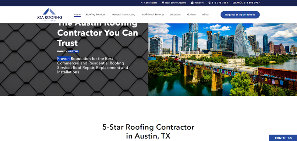 LOA Construction and Austin Roofing home page from their website. 