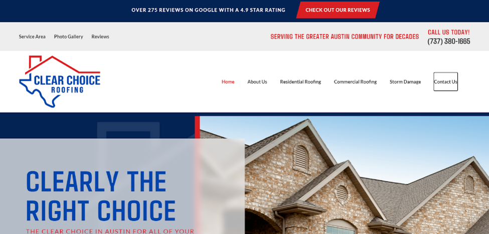 Clear Choice Roofing Austin home page from their website. 
