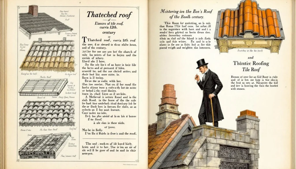 A drawing illustrating a thateched roof. 