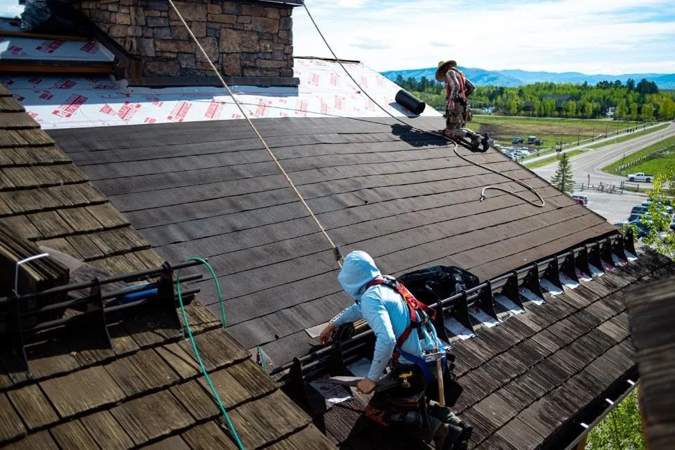 Workers installing a new roof on a house. 
