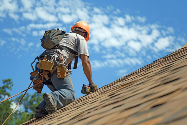 A man on a roof working on replacing shingles. 