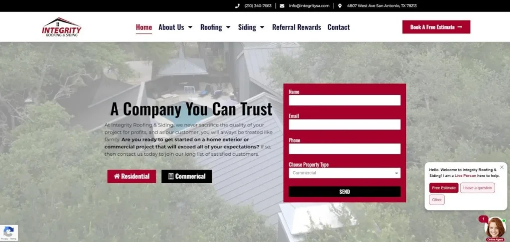 Integrity Roofing & Siding website homepage.