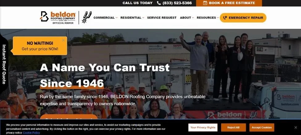 BELDON Roofing Company website homepage.