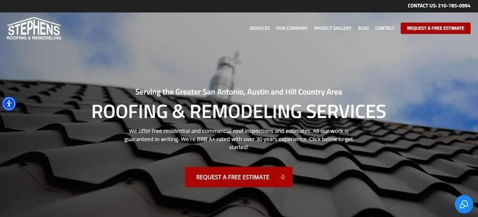 Stephens Roofing & Remodeling website homepage.