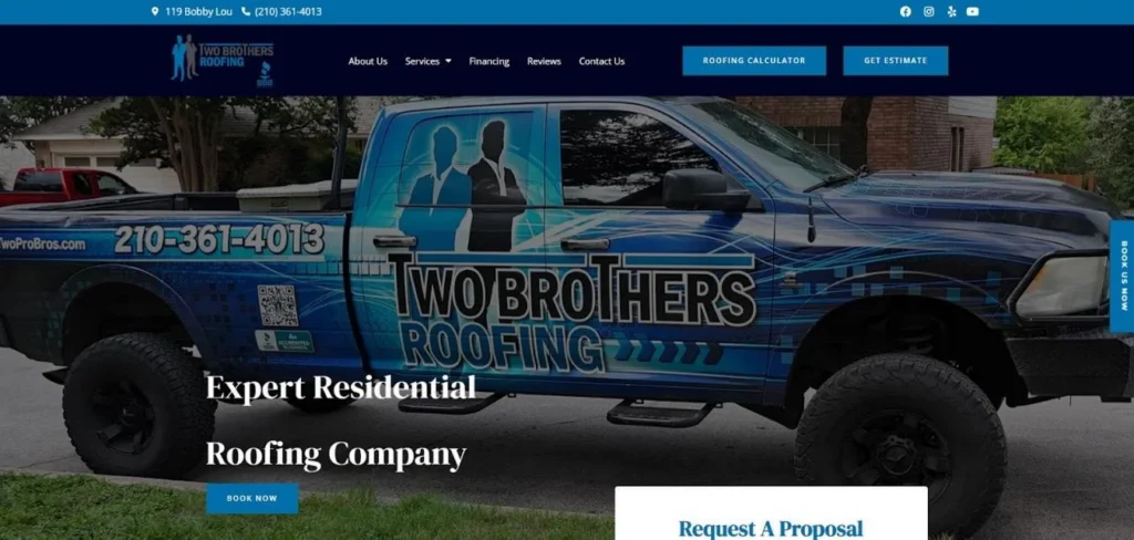 Two Brothers Roofing website homepage.