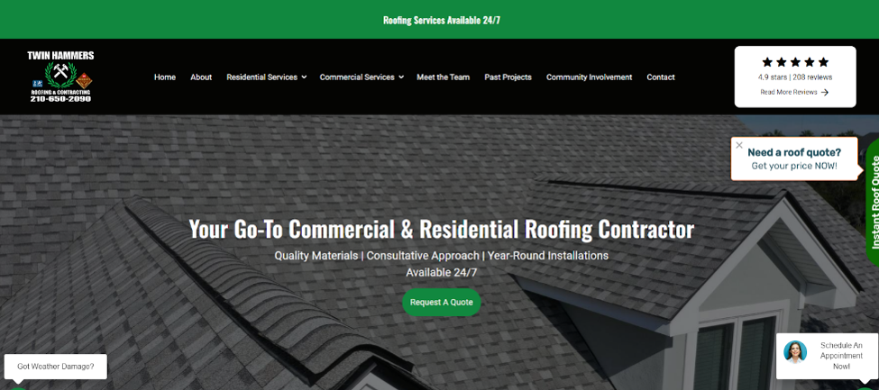 Twin Hammers Roofing & Contracting website homepage.