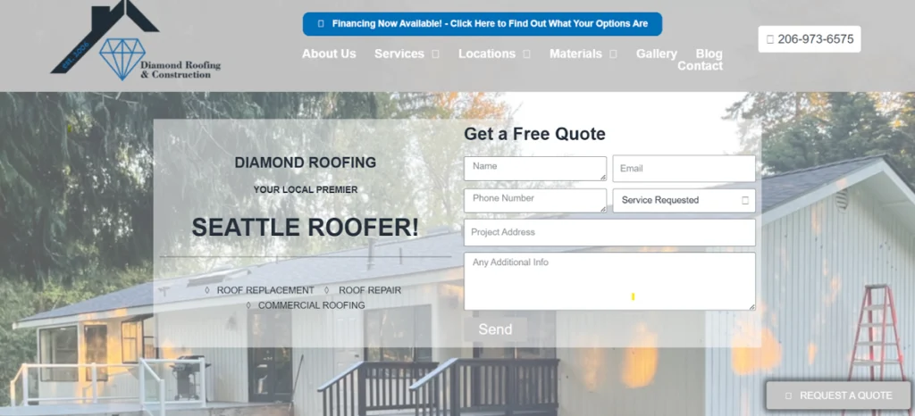 Diamond Roofing & Construction website homepage