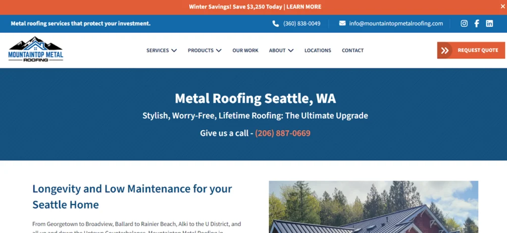 Mountaintop Metal Roofing website homepage