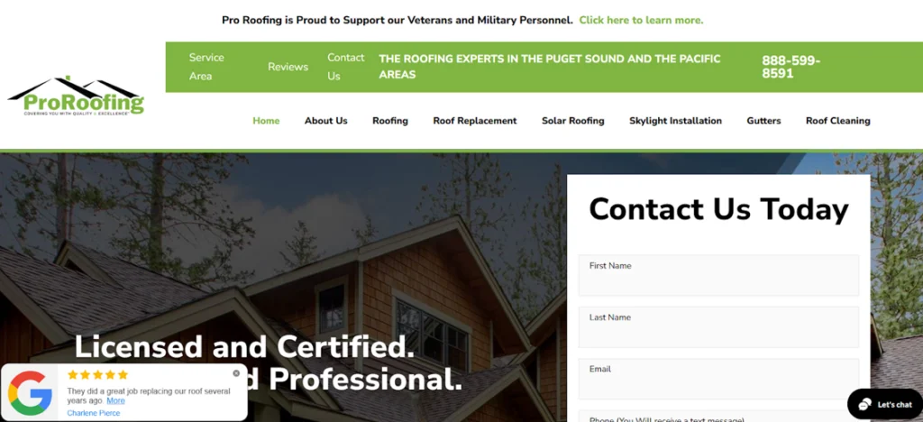 Pro Roofing NW website homepage