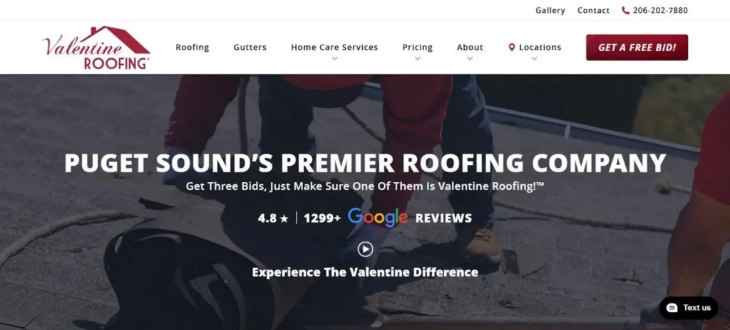 Valentine Roofing website homepage