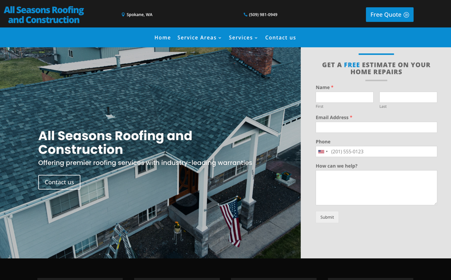 All Seasons Roofing and Construction website homepage. 