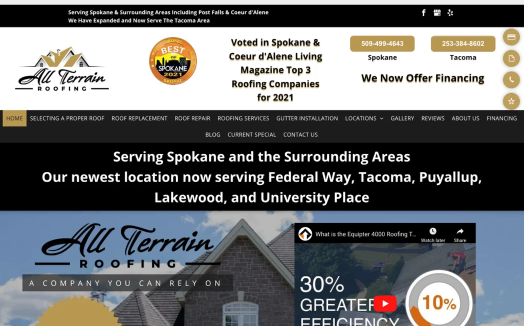 All Terrain Roofing website homepage. 