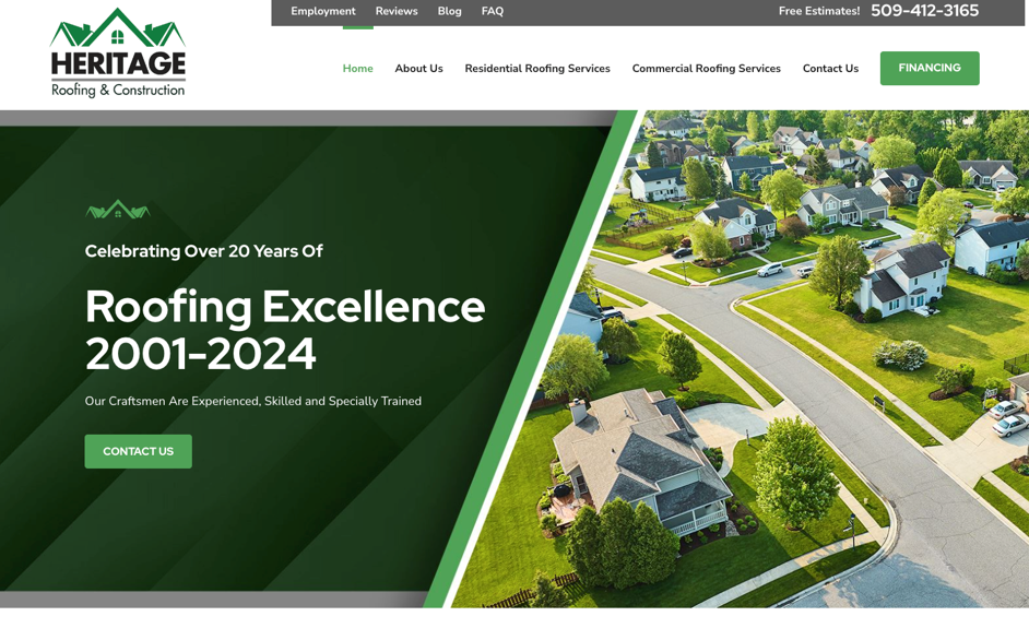 Heritage Roofing & Construction website homepage. 