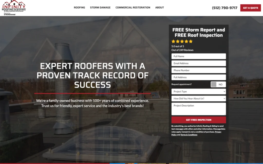 Infinity Roofing & Siding website homepage. 