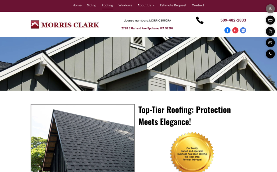 Morris Clark Siding & Roofing website homepage. 
