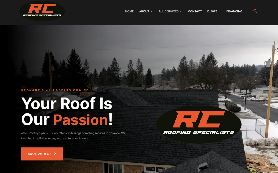 R.C. Roofing Specialists website homepage. 