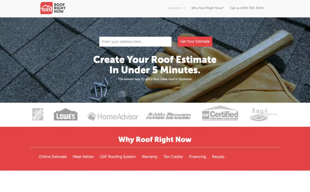 Roof Right Now Spokane website homepage. 