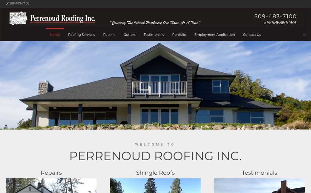 Perrenoud Roofing Inc. website homepage. 