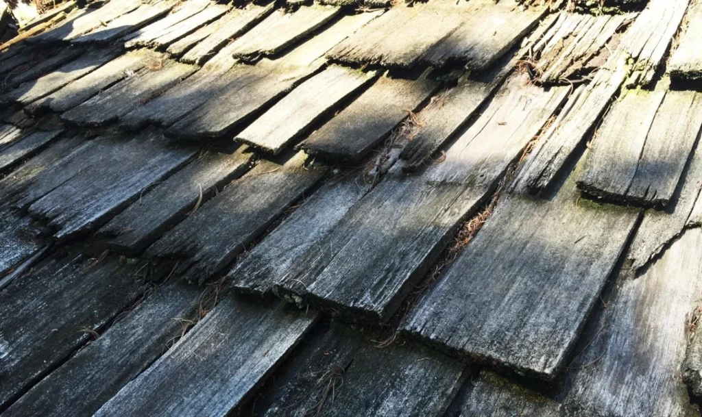 Close up view of weathered shingles.