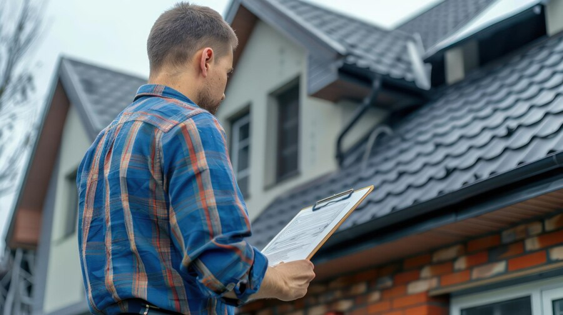 Roofing contractor inspecting a home with a synthetic shingle roof.