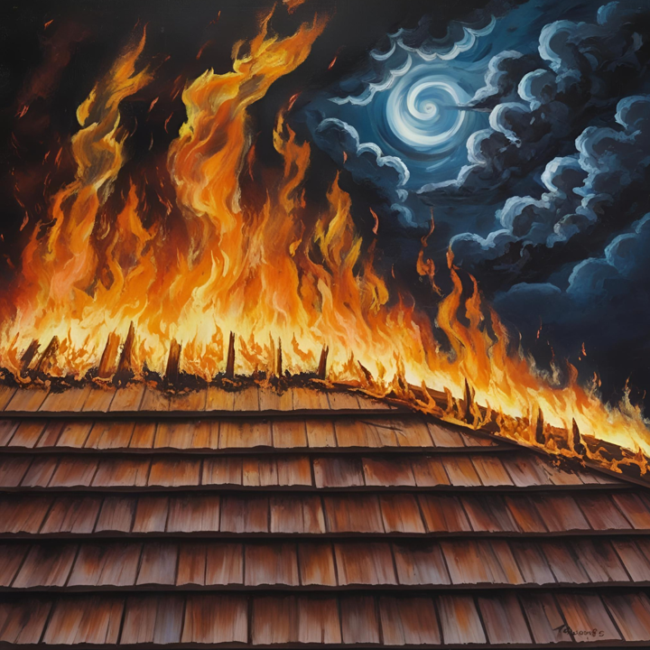 An illustration of a wood roof burning.