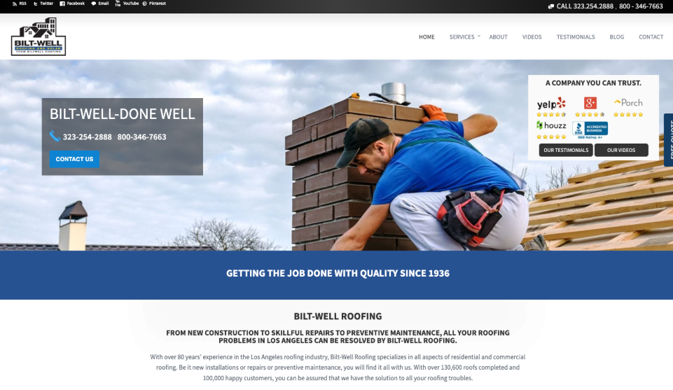 Bilt-Well Roofing website homepage. 