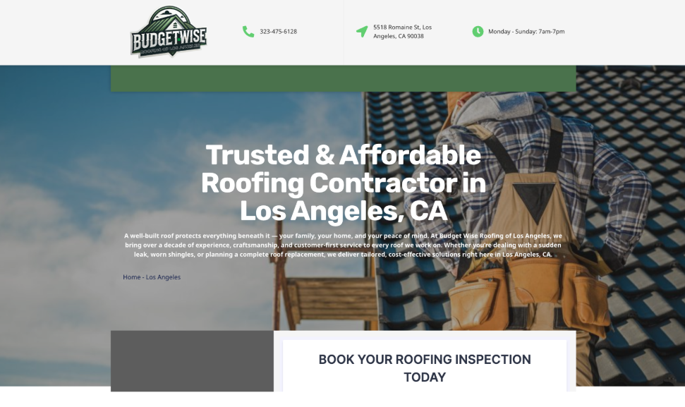 Budget Wise Roofing of Los Angeles website homepage. 